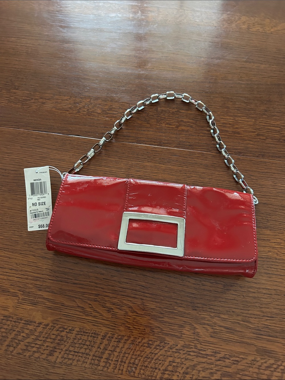 Alfani Red Patent Clutch with Silver Chain Strap